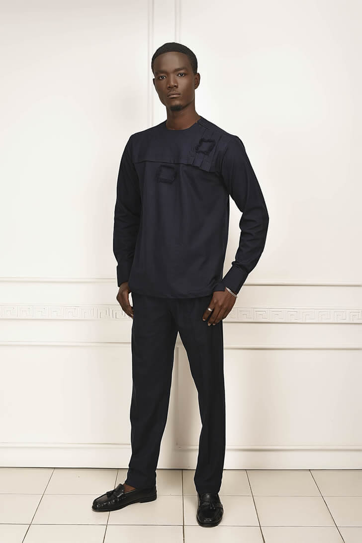 Blue Black Cotton Long Sleeved Shirt And Trousers