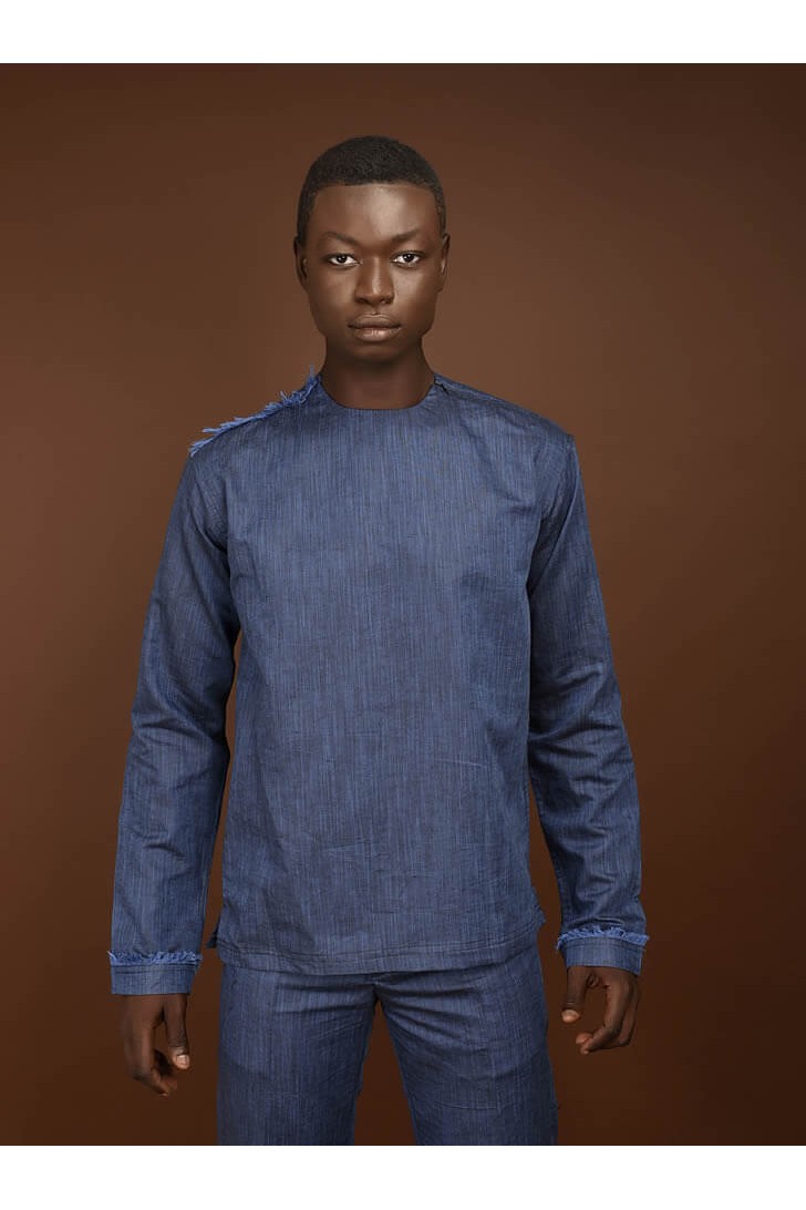 Blue-Black Linen Long Sleeve Shirt.