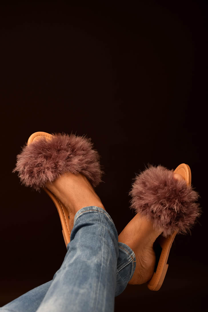 Mauve Feathered Ladies Slippers With Sequin
